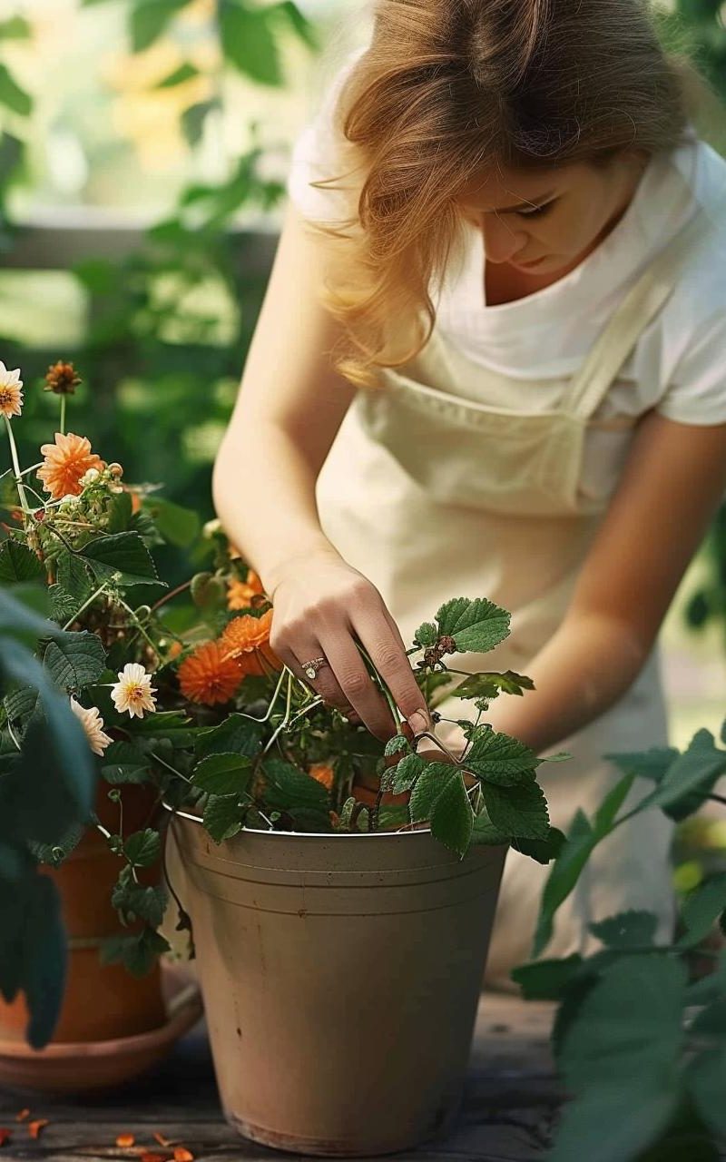 a woman trimming the withered flower petals in a garden and putting it into a flower pot